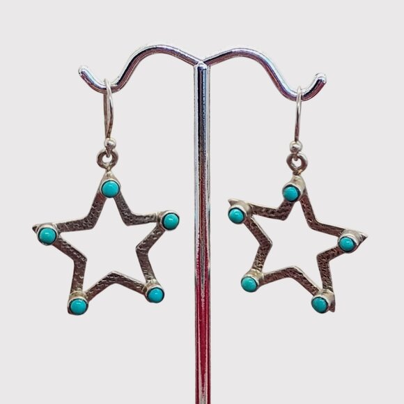 None Jewelry - Handmade Stamped Sterling Silver Turquoise Dangle Star Earrings